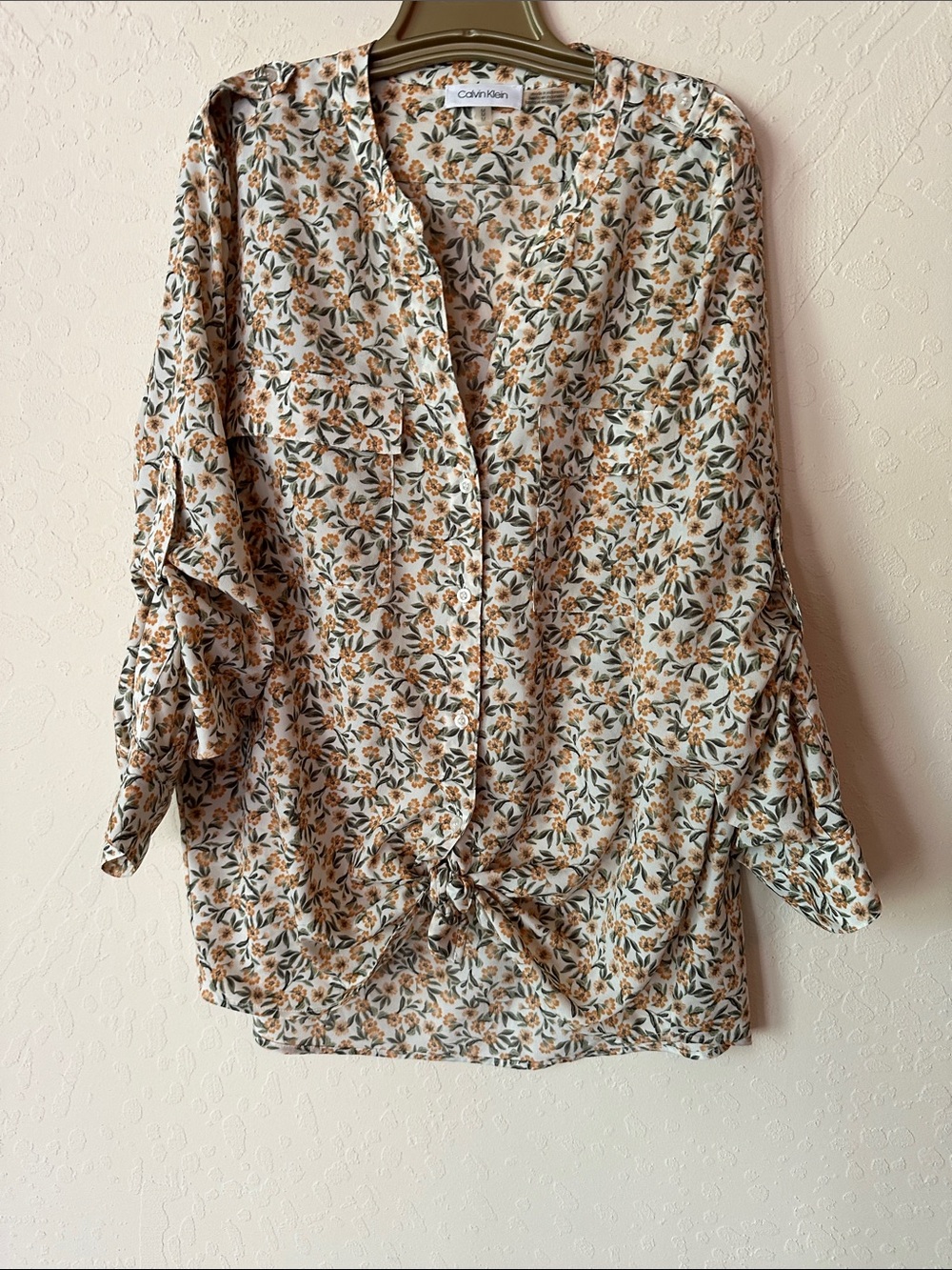Calvin Klein Cream Floral Tie-Front Blouse with Green Leaves